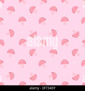 Cute seamless pattern of pastel pink background with dark pink mushrooms, stars, and dots. Minimalist tone on tone repeating background in kawaii styl Stock Vector