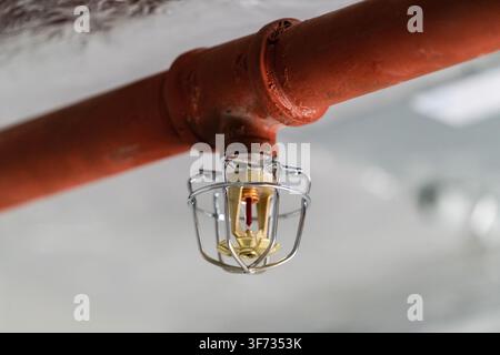 A fire sprinkler system installed for safety at One Braham in Aldgate, London, ready to activate in case of fire. Stock Photo