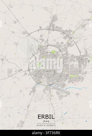 High-contrast, minimalist urban road map of Erbil, capturing the famous concentric ring road system, radial avenues Stock Vector