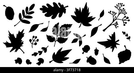 Vector clipart set of black autumn leaf silhouettes, berries, acorns, and mushrooms. Botanical element collection for craft print and paper design. Stock Vector
