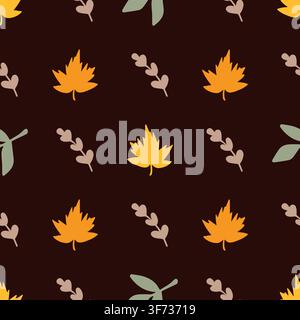 Seamless vector pattern with stylized autumn leaves and branches on a dark background. Cozy fall design for wrapping, textile, stationery, seasonal pa Stock Vector