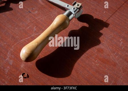 Artist's tools on work bench Stock Photo