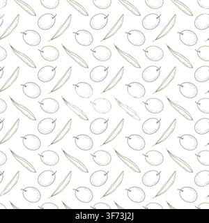 Outline Olive fruits and leaves Seamless pattern Minimalistic engraving style Transparent Background. Isolated Vector illustration Packaging, menu backdrop, fabric print, wallpaper, botanical branding Stock Vector
