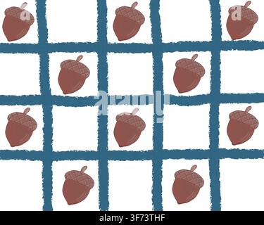 Cute autumn pattern featuring hand-drawn brown acorns set inside a dark blue textured grid line design on a black background, perfect for fall textile. Stock Photo