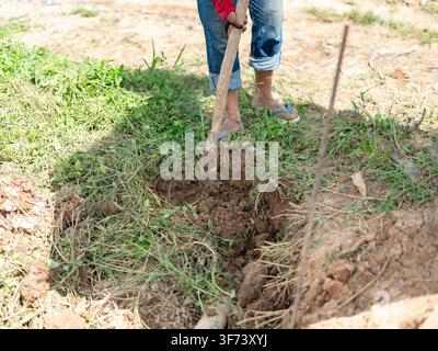 A worker using a hand hoe to dig a trench in grassy soil outdoors on a construction or gardening site. Stock Photo