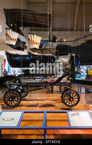 Observe a remarkable display at the Henry Ford Museum of American Innovation in Dearborn, Michigan: an exploded view of a 1924 Ford Model T. This uniq Stock Photo