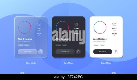 Ui design comparison showing glass mode, dark mode, and light mode profile cards for a designer portfolio Stock Vector