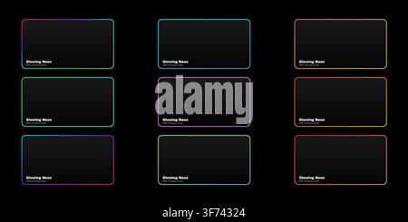 Set of glowing neon rectangular frames with rounded corners, vibrant gradient border designs for ui elements and digital signage Stock Vector