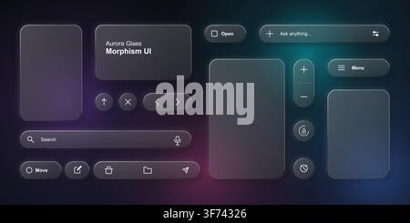 Aurora glass morphism ui elements set with dark translucent panels, buttons, search bar, and navigation icons on a deep gradient background Stock Vector