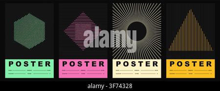 Set of four minimalist geometric posters with abstract line art shapes in green, purple, yellow and orange colors Stock Vector