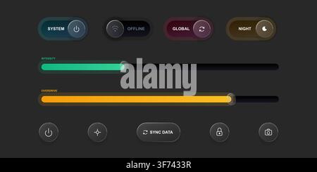 Futuristic ui elements and control panel with sliders and buttons in glassmorphism style on dark background Stock Vector