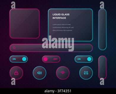 Liquid glass interface ui kit with buttons, search bar and icons on dark background Stock Vector