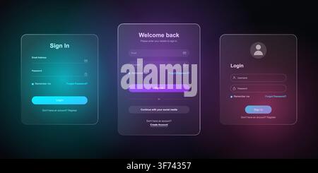 Set of login and sign in forms with glassmorphism effect on dark background Stock Vector