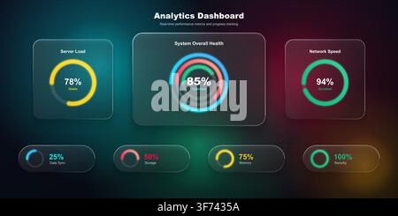 Futuristic analytics dashboard ui with realtime performance metrics and progress tracking Stock Vector