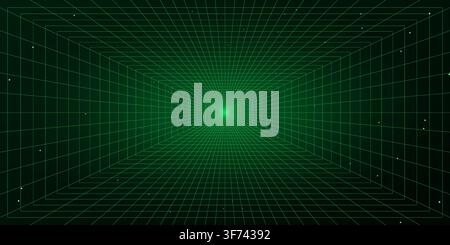 Abstract digital perspective grid tunnel with glowing particles on dark green background Stock Vector