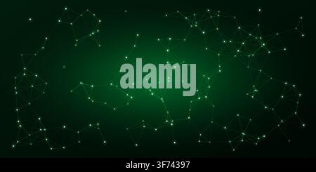 Abstract digital network connection with glowing dots and lines on dark green background Stock Vector
