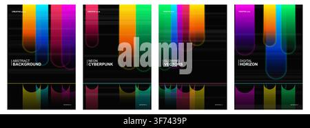 Set of abstract neon cyberpunk backgrounds with glowing vertical rounded shapes and gradient light effects for futuristic digital design projects Stock Vector