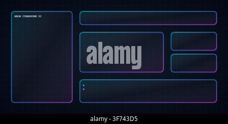 Neon cyberpunk ui interface frames and containers with glowing blue and purple border lines on a dark grid background for gaming or software Stock Vector