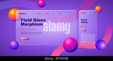 Fluid glass morphism web and app presentation kit with 3d spheres and frosted glass ui elements Stock Vector