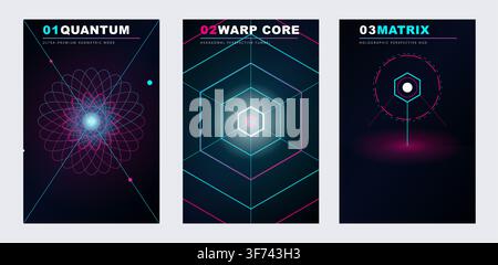 Set of futuristic ui posters with geometric nodes, warp core tunnel, and matrix hud elements in neon colors on dark background Stock Vector
