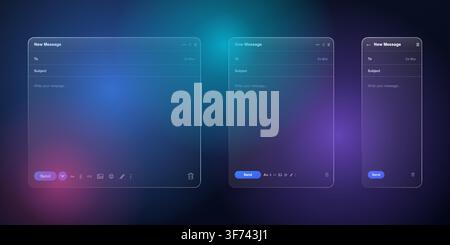 Glassmorphism ui design for new message windows in desktop and mobile layouts with frosted glass effect on blurred dark background Stock Vector