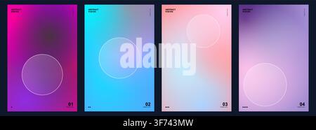 Set of four abstract posters with vibrant gradient backgrounds and minimalist circular frames Stock Vector