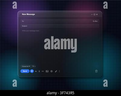 Modern glassmorphism email message interface window with dark blurred background Stock Vector