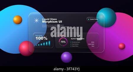 Futuristic liquid glass morphism ui dashboard with 3d spheres, holographic elements, and frosted glass panels on a dark background Stock Vector