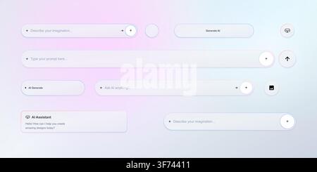 Set of modern ai prompt input bars and search fields with glassmorphism ui design elements Stock Vector