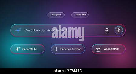 Futuristic ai prompt bar and control buttons with neon gradient glassmorphism effect Stock Vector