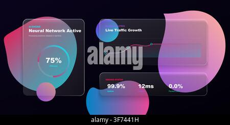 Ai dashboard interface with glassmorphism cards, neural network status and analytics charts Stock Vector