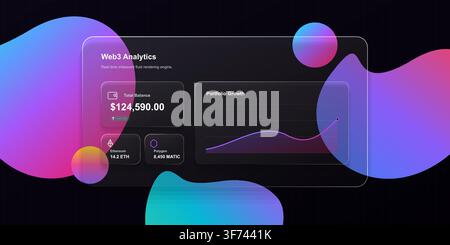 Web3 analytics dashboard interface with glassmorphism design, cryptocurrency portfolio growth chart, and iridescent fluid abstract background Stock Vector