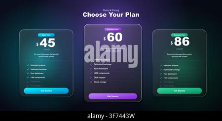 Modern saas pricing table ui design with three tiered subscription plans for web application Stock Vector