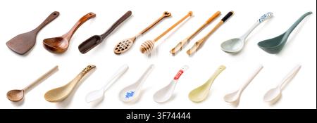 Various Spoons and Kitchen Utensils Collection on White Background Stock Photo