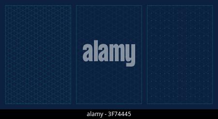 Set of three isometric grid patterns on dark blue background, technical drawing guide for design and architecture Stock Vector
