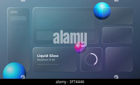 Liquid glass morphism ui kit with floating 3d spheres and frosted glass panels on a dark gradient background Stock Vector
