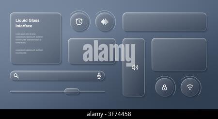 Liquid glass ui interface elements set with icons and sliders Stock Vector