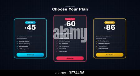 Pricing plans and subscription tiers interface design with neon glowing borders and dark theme ui elements for web and mobile applications Stock Vector