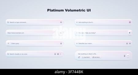 Platinum volumetric ui search bar elements with soft glassmorphism effect and modern interface icons Stock Vector