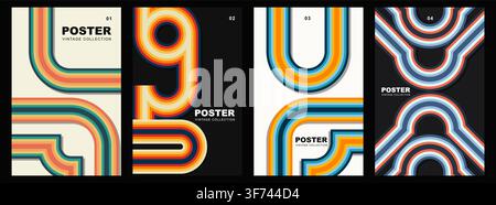 Set of four vintage style posters with retro colorful striped line patterns and geometric curves Stock Vector