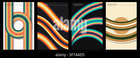 Set of four retro abstract posters with colorful rainbow curved lines and geometric shapes in vintage 70s style Stock Vector