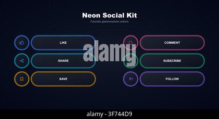 Neon social media action buttons kit with futuristic glassmorphism style and glowing circular icons for website and app interface design Stock Vector