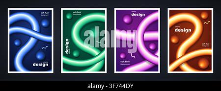 Set of abstract fluid design posters with vibrant liquid shapes and spheres, modern colorful gradient backgrounds for creative marketingv Stock Vector
