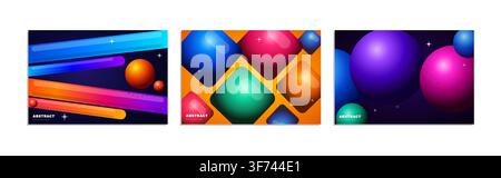 Set of abstract backgrounds with vibrant 3d shapes, colorful gradients, and glowing elements for modern digital design projects Stock Vector