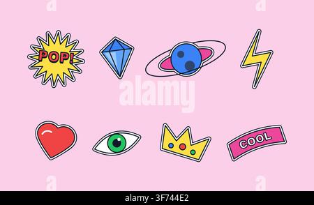 Collection of colorful pop art stickers with bold outlines including heart, planet, crown, and lightning bolt Stock Vector