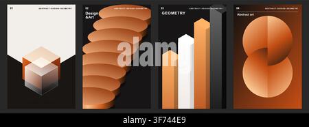 Set of abstract geometric posters with 3d shapes, cubes, cylinders and spheres, modern orange and black gradient design for corporate identity Stock Vector