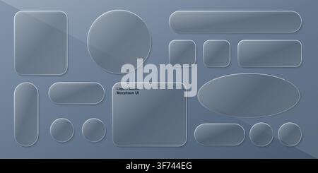 Collection of liquid glass morphism ui elements with frosted transparency effect on blue background Stock Vector