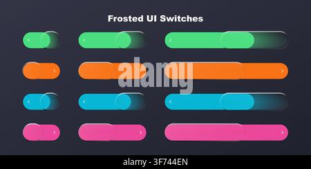 Set of modern frosted glass ui toggle switches in various vibrant colors for mobile and web application interface design Stock Vector