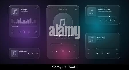 Futuristic glassmorphism music player ui kit collection with neon glow effects Stock Vector