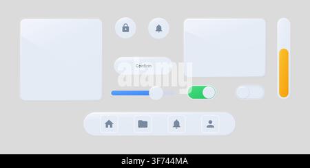 Glassmorphism ui components set with buttons, sliders, toggle switches, and navigation bar on a light grey background Stock Vector